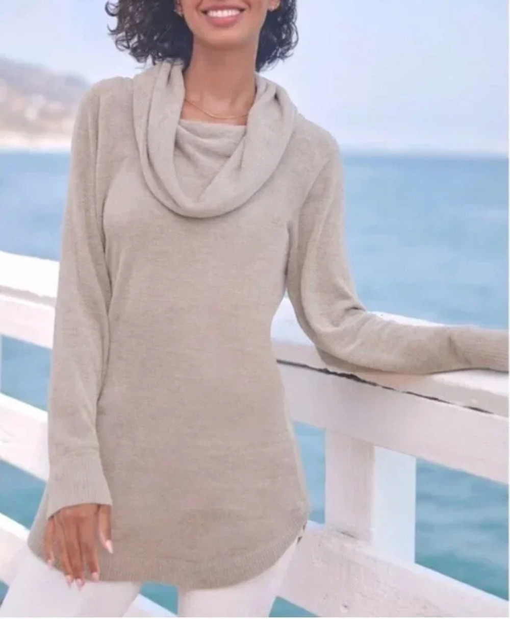 NWT BAREFOOT DREAMS KHAKI COZYCHIC ULTRA LITE COASTAL COWL NECK TUNIC SWEATER 1X